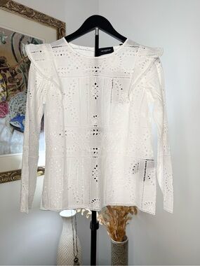 The Kooples White Eyelet Embroidered Ruffle Blouse Top Size 1 Cotton $245